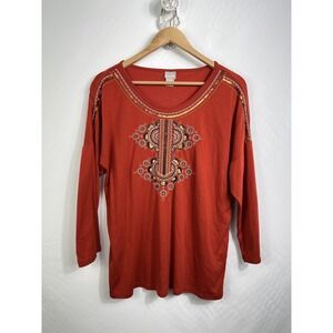 Chico's 2R/US L Embroidered Burnt Orange Rust 3/4 Sleeve Tunic‎ Top Sequins